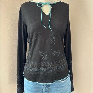 Vintage Boho Chic Bell Sleeve Black Top with Blue Suede Accents and Shimmer